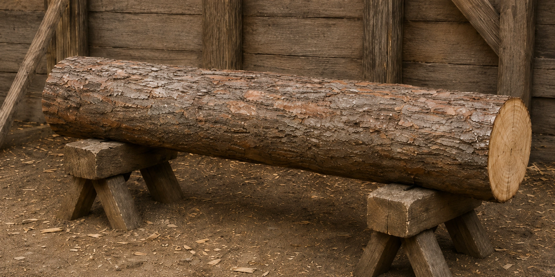 A rough-hewn log was brought to the hewing site and clamped onto two wooden trestles.