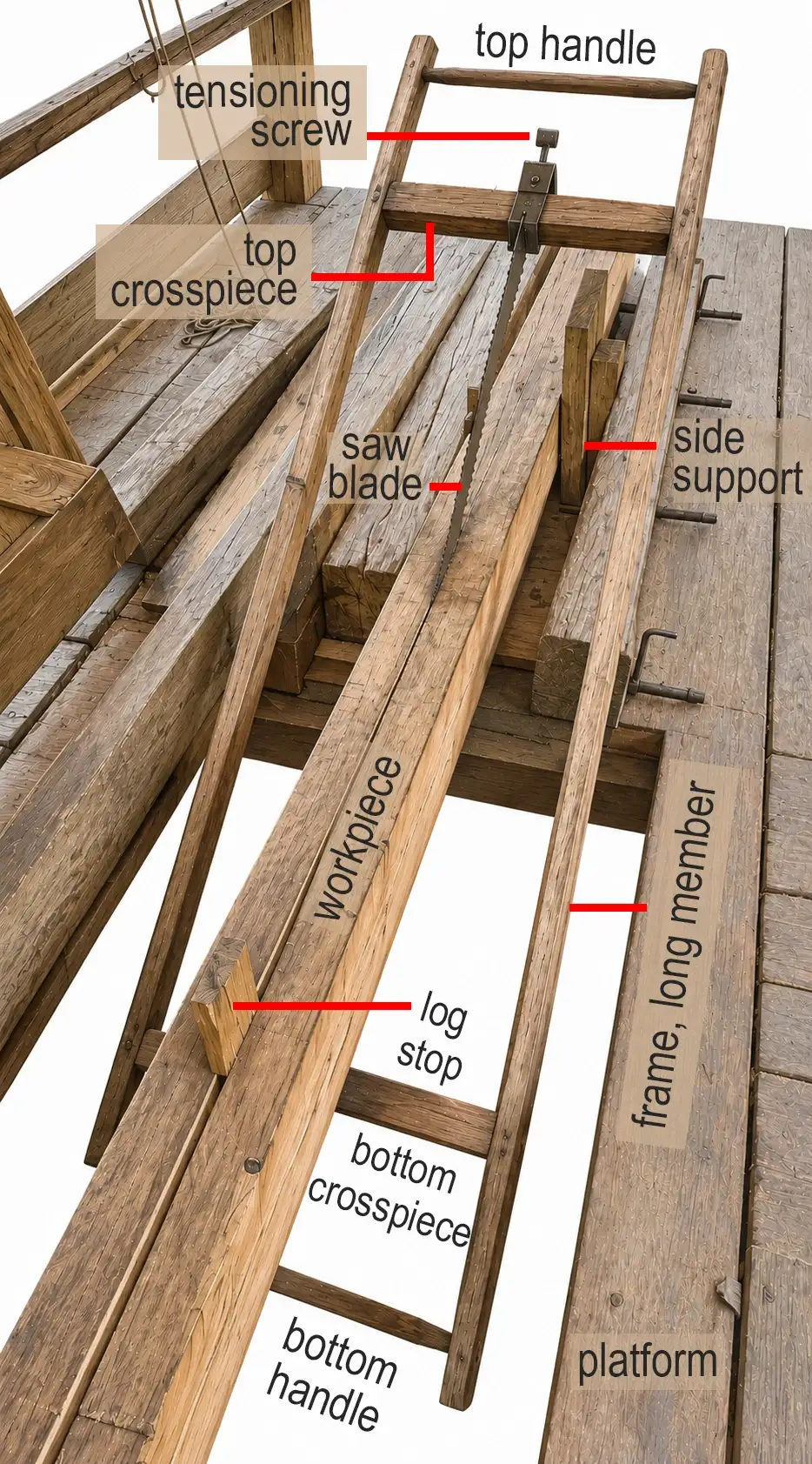 Elevated three-quarter view of a replica medieval pit-saw