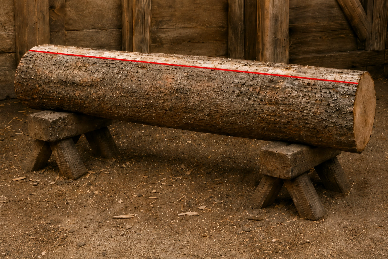 A straight red line was marked on the log as a guide for hewing.