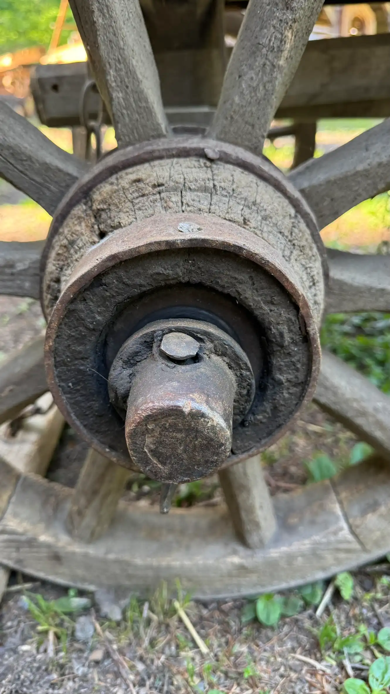 Verstärkte hölzerne Radnabe mit Eisenbändern zum Schutz vor dem Aufspalten unter Belastung. Das Achsende ist mit einem Sicherungsstift gesichert.