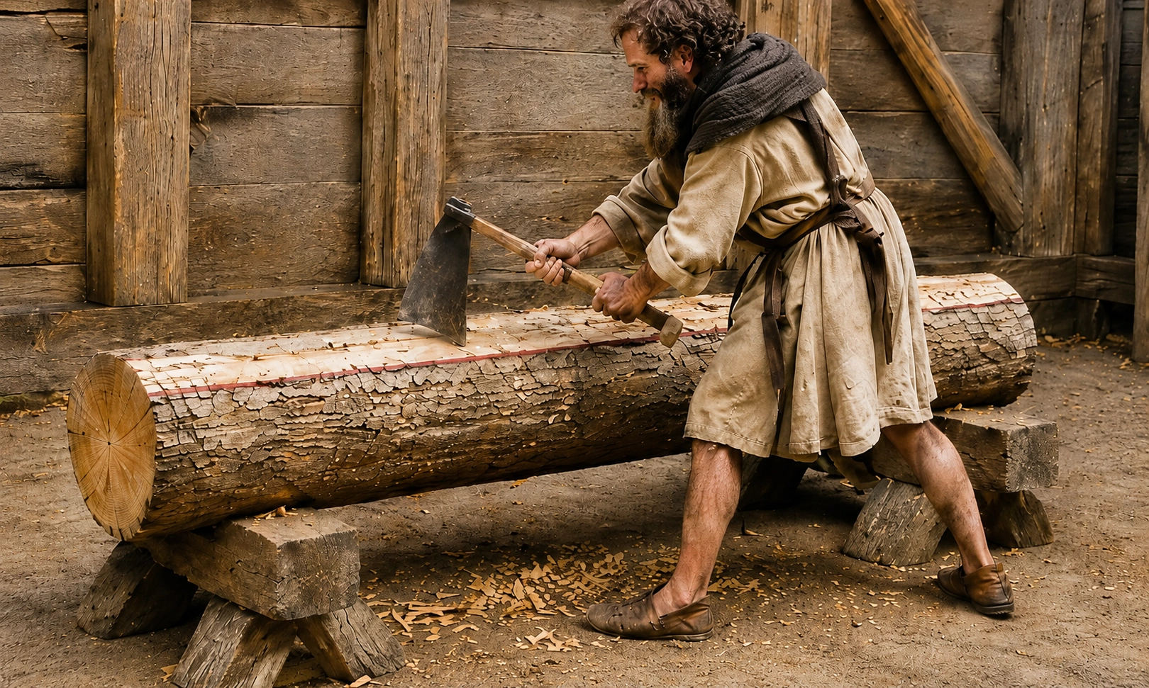 Der Handwerker behaute das Holz entlang der roten Linie.