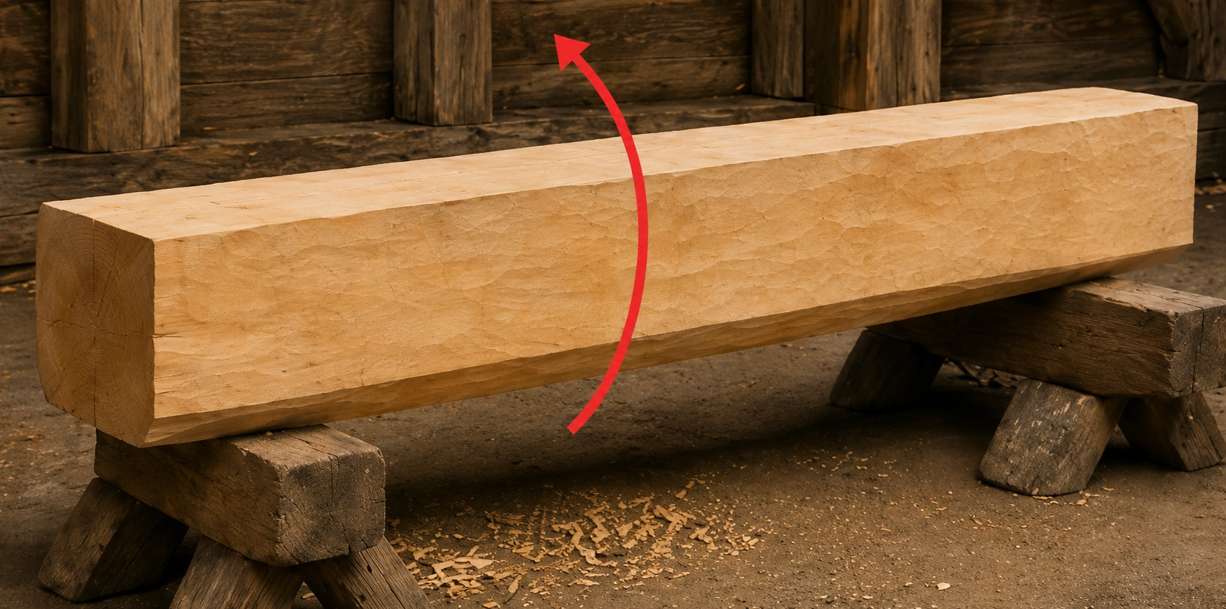 Nachdem eine Seite des Stammes behauen worden war, wurde das Holz gewendet.