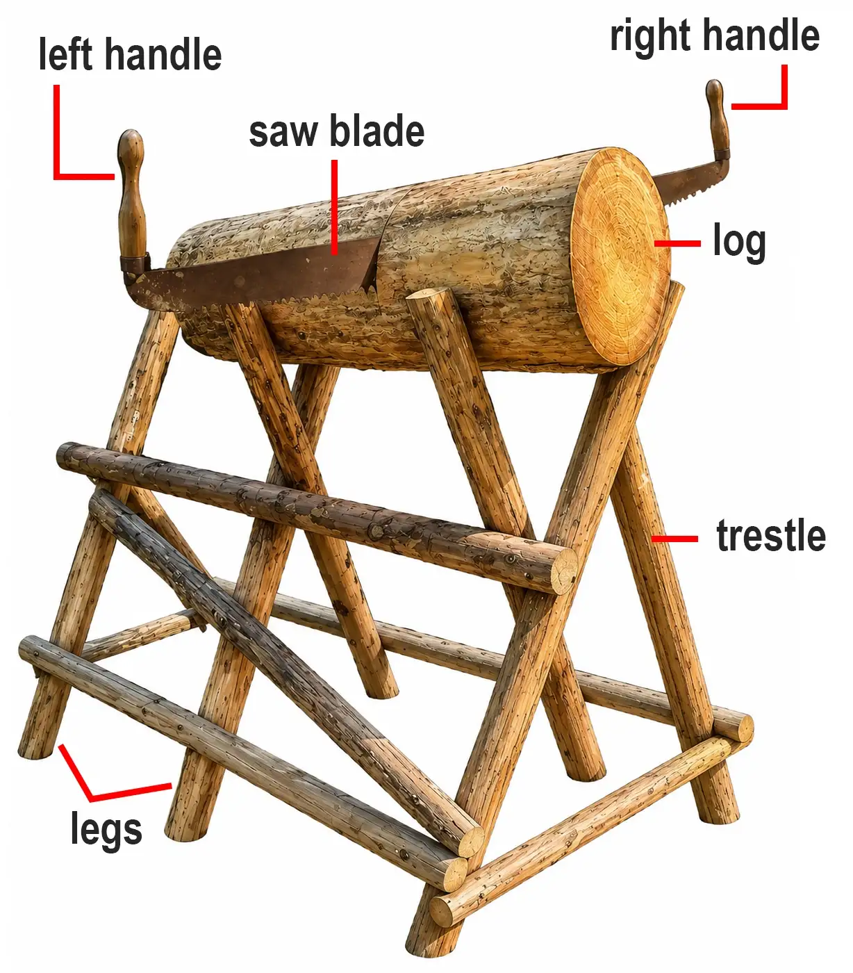 Three-quarter view of a replica medieval cross-cut saw, log and trestle
