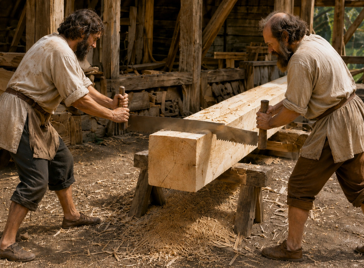 The squared timber was cut to length with a cross-cut saw operated by two men.