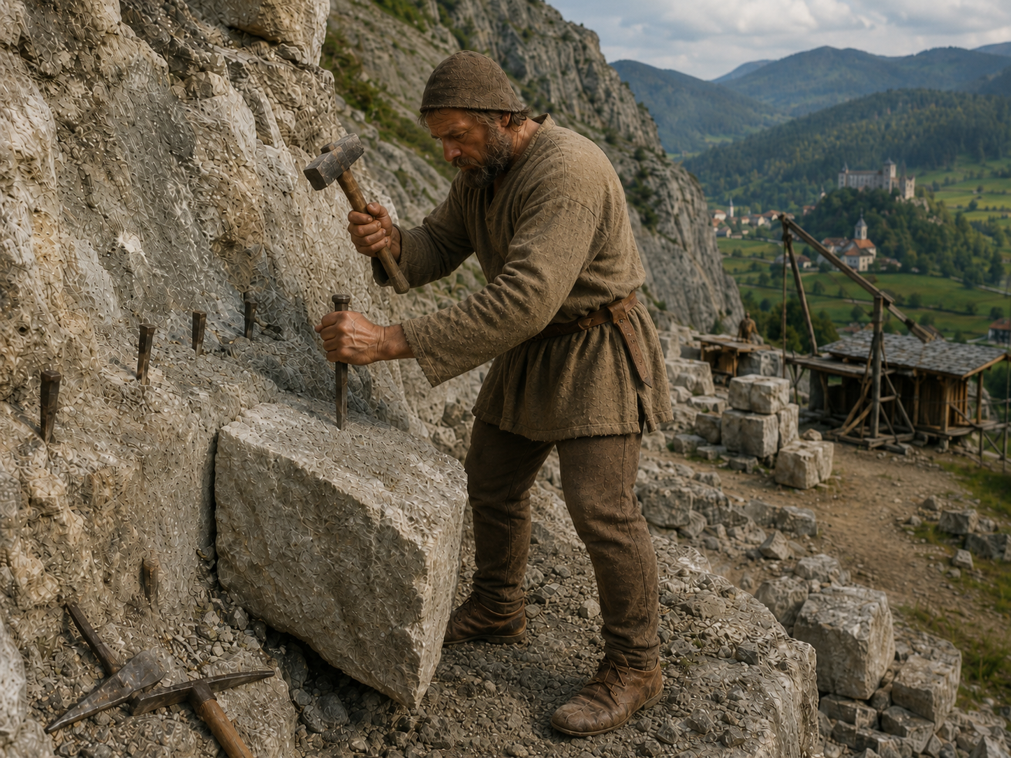 Quarrymen extracted and roughly shaped stone blocks for transport to medieval construction sites.
