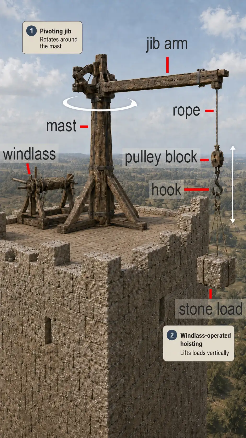 Medieval tower with crane mechanism_Eng