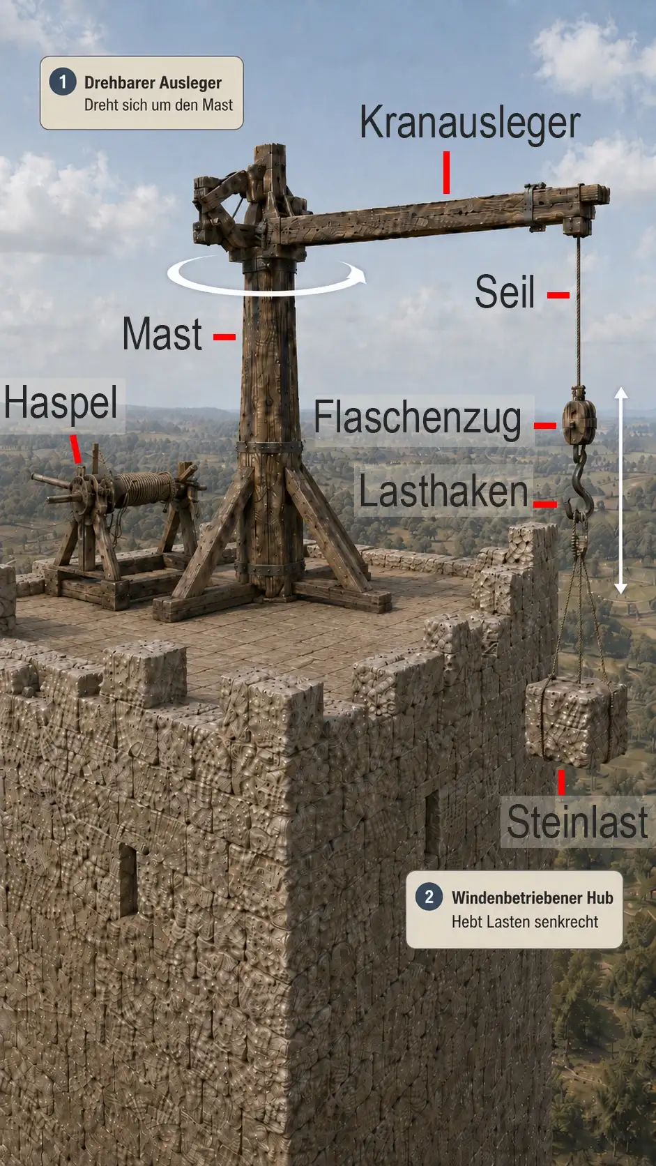 Medieval tower with crane mechanism_Ger