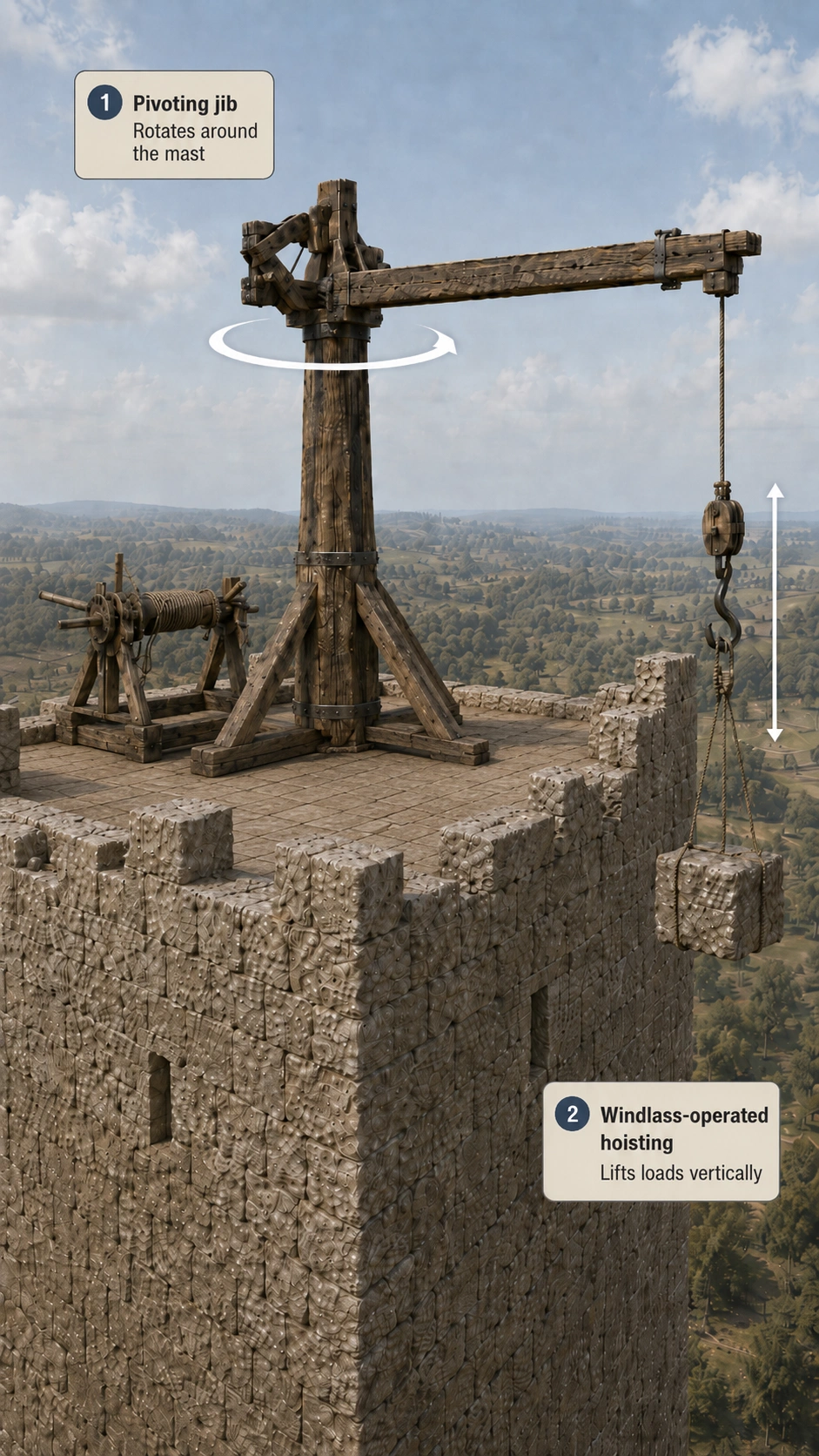 Medieval tower with crane mechanism_eng
