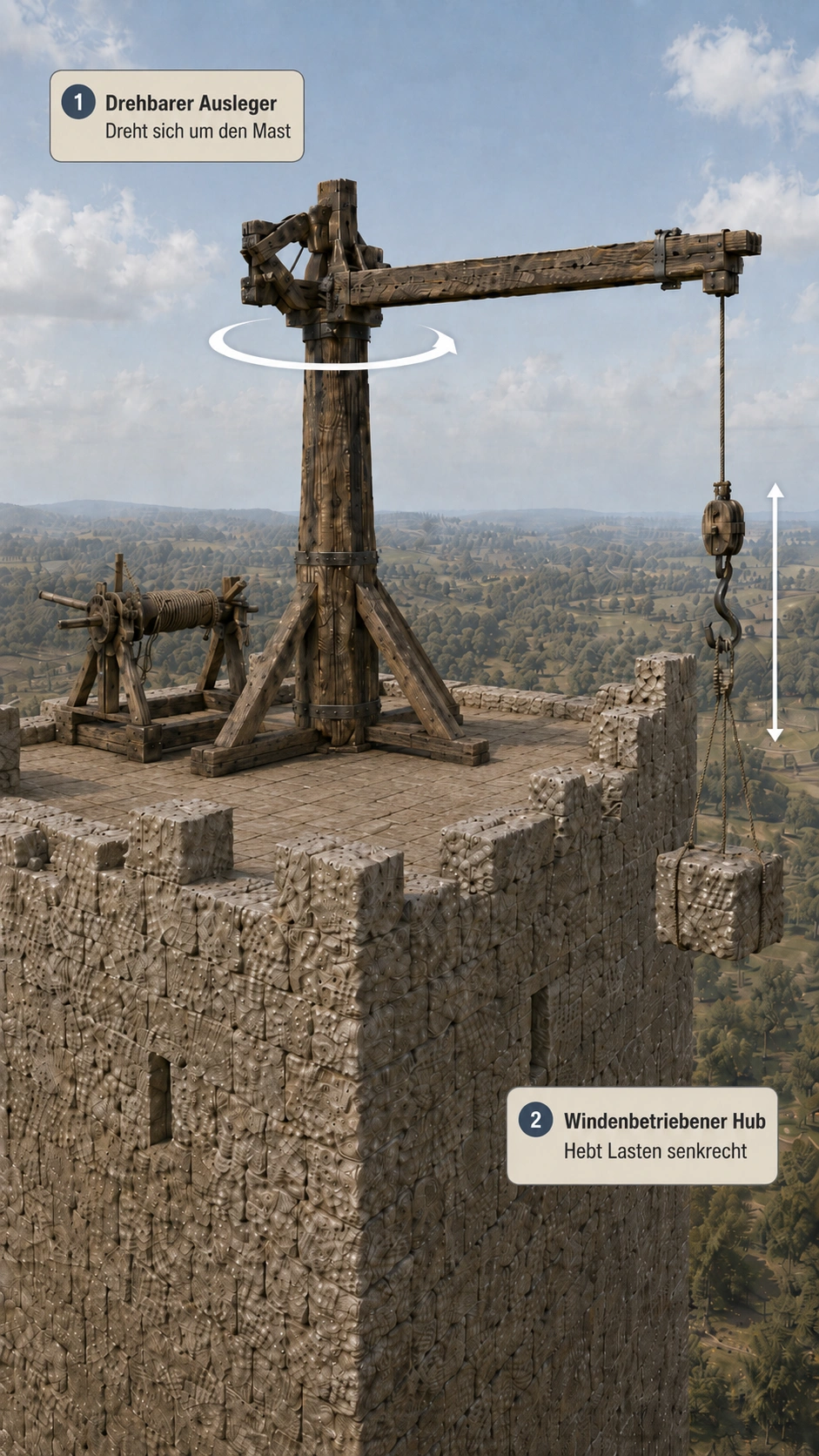 Mittelalterlicher Kranmechanismus auf Turm_ger