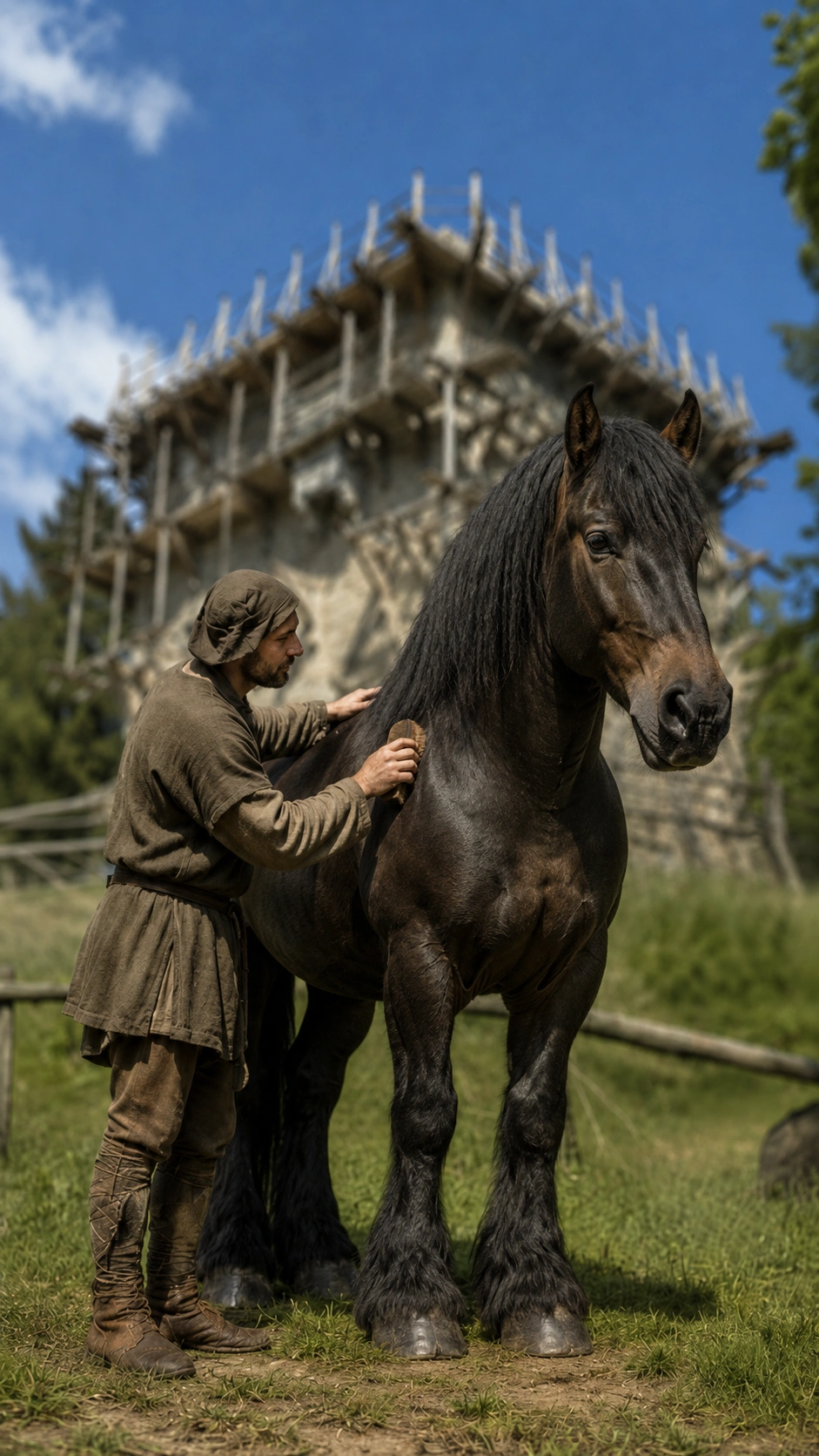 Stallknecht bei der Pflege eines Norikerpferdes