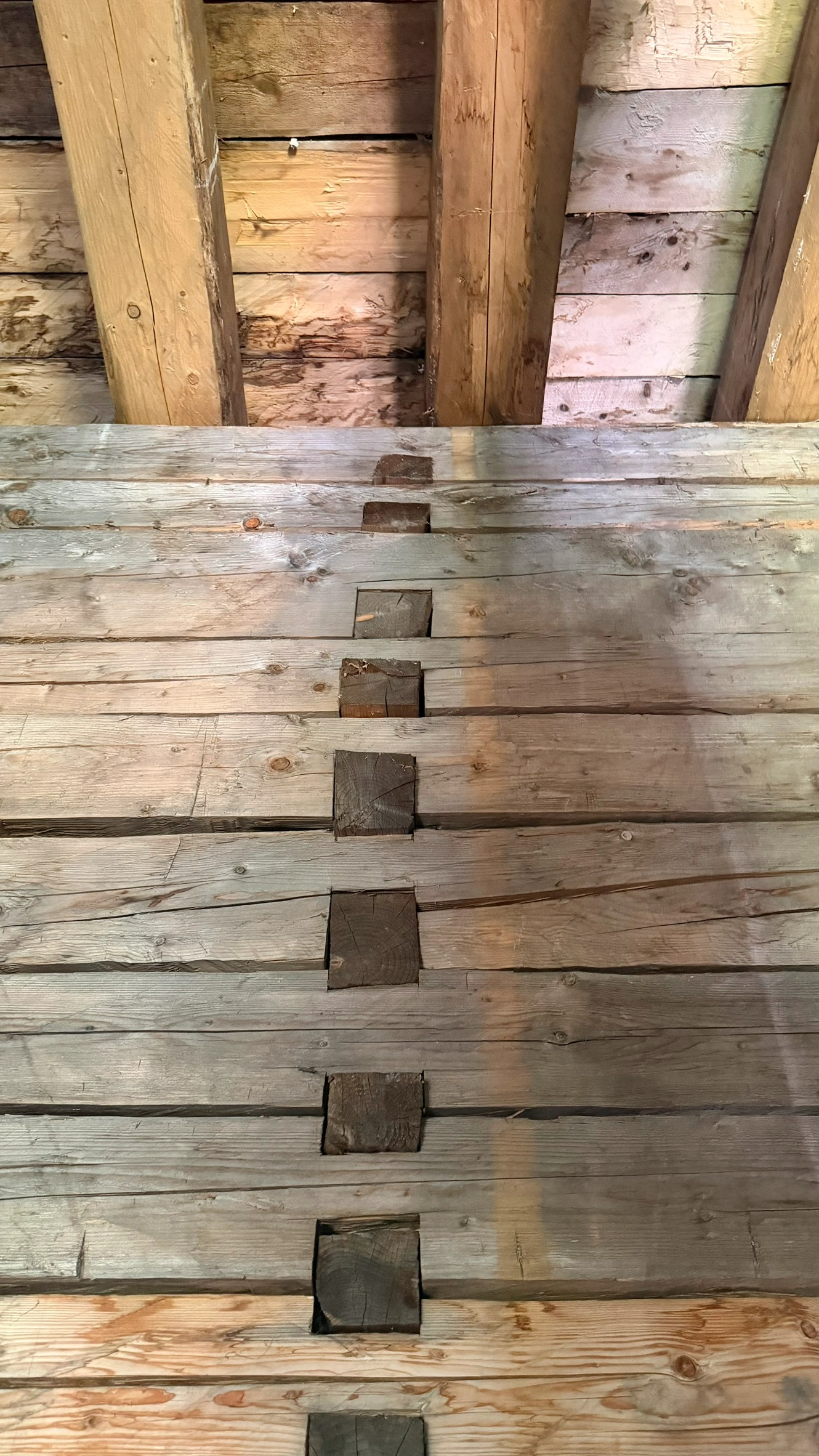 Central section of the timber block wall and the summer room ceiling.