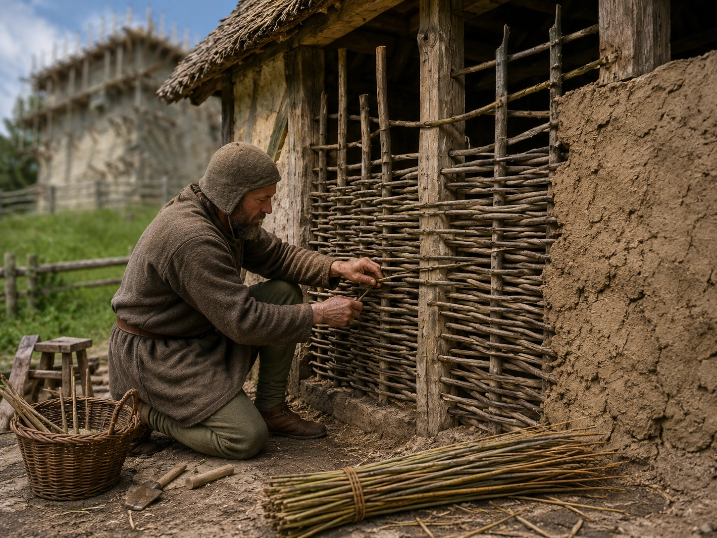 Medieval basket weaver weaving wattle into a "wattle and daub" wall of a workshop hut
