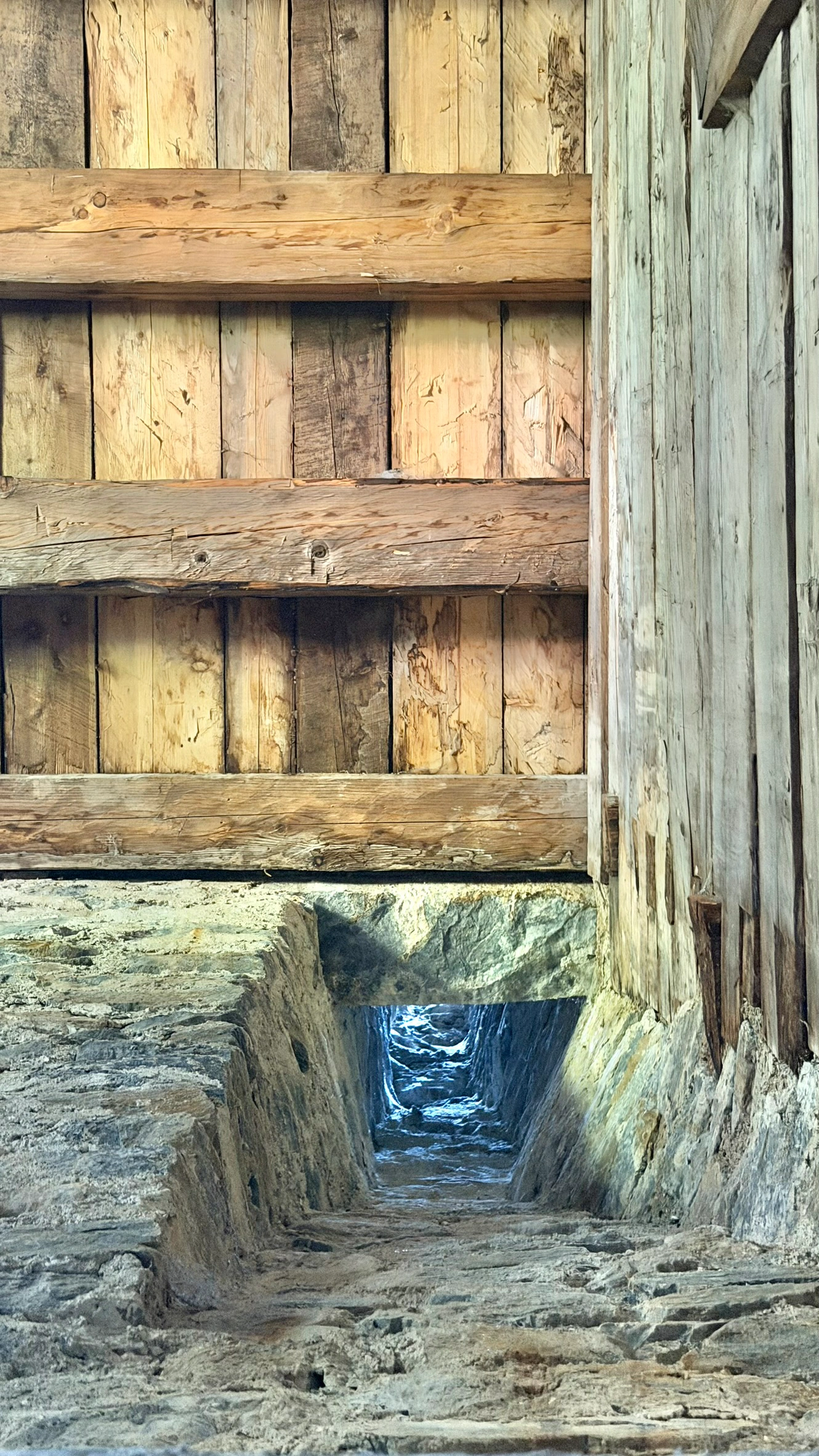 Smoke outlet in the tower's north wall, viewed from below.