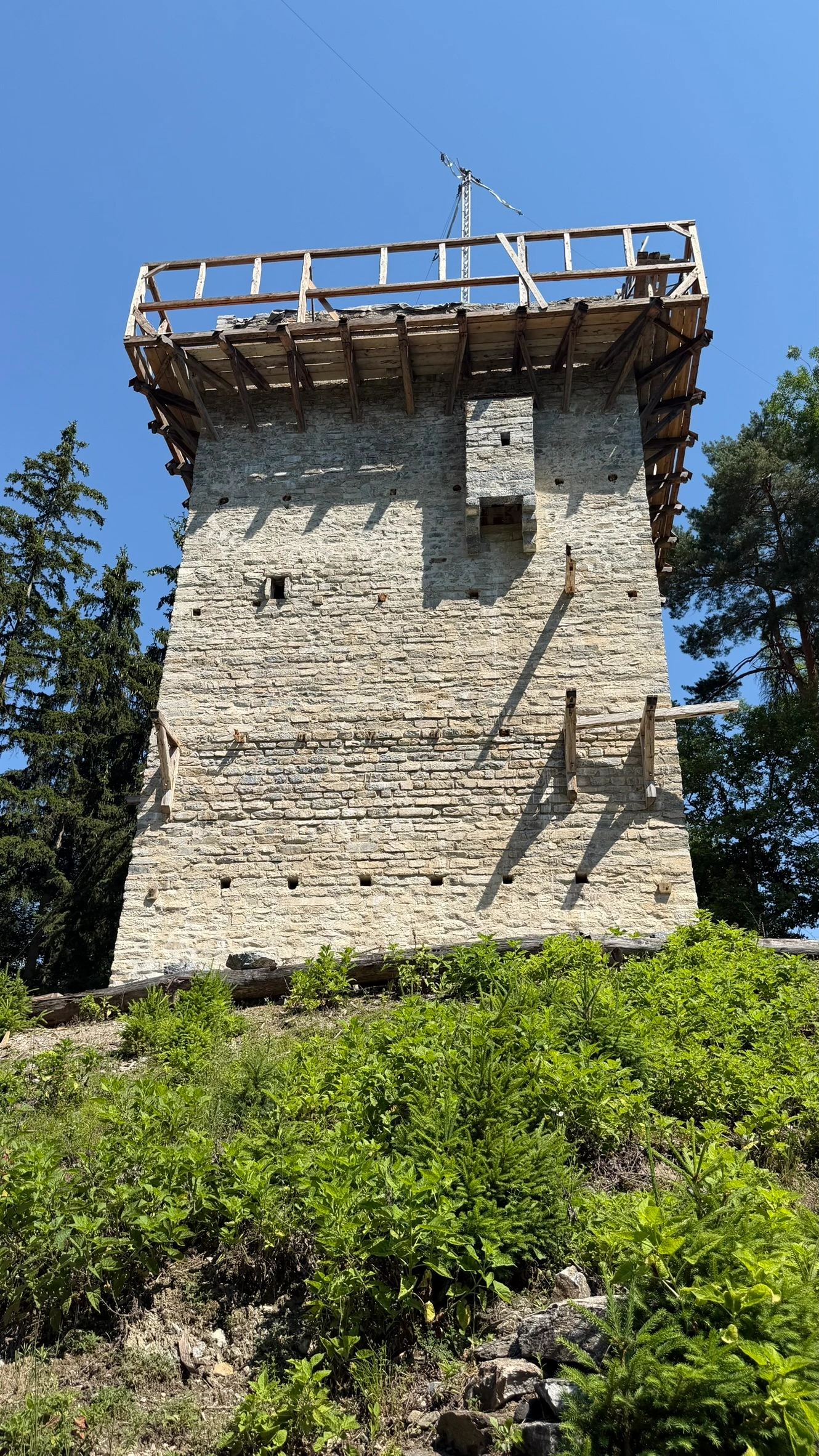 Exterior view of the garderobe projection on the tower's south wall.
