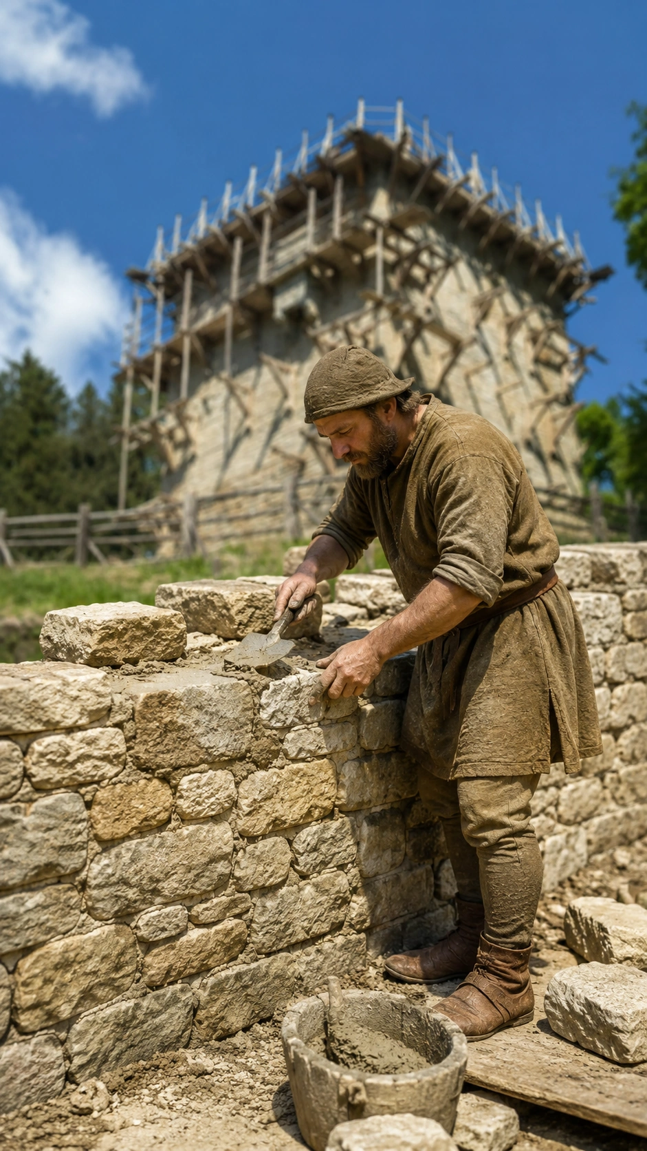Mittelalterlicher Maurer beim Errichten einer Ringmauer um einen Wohnturm
