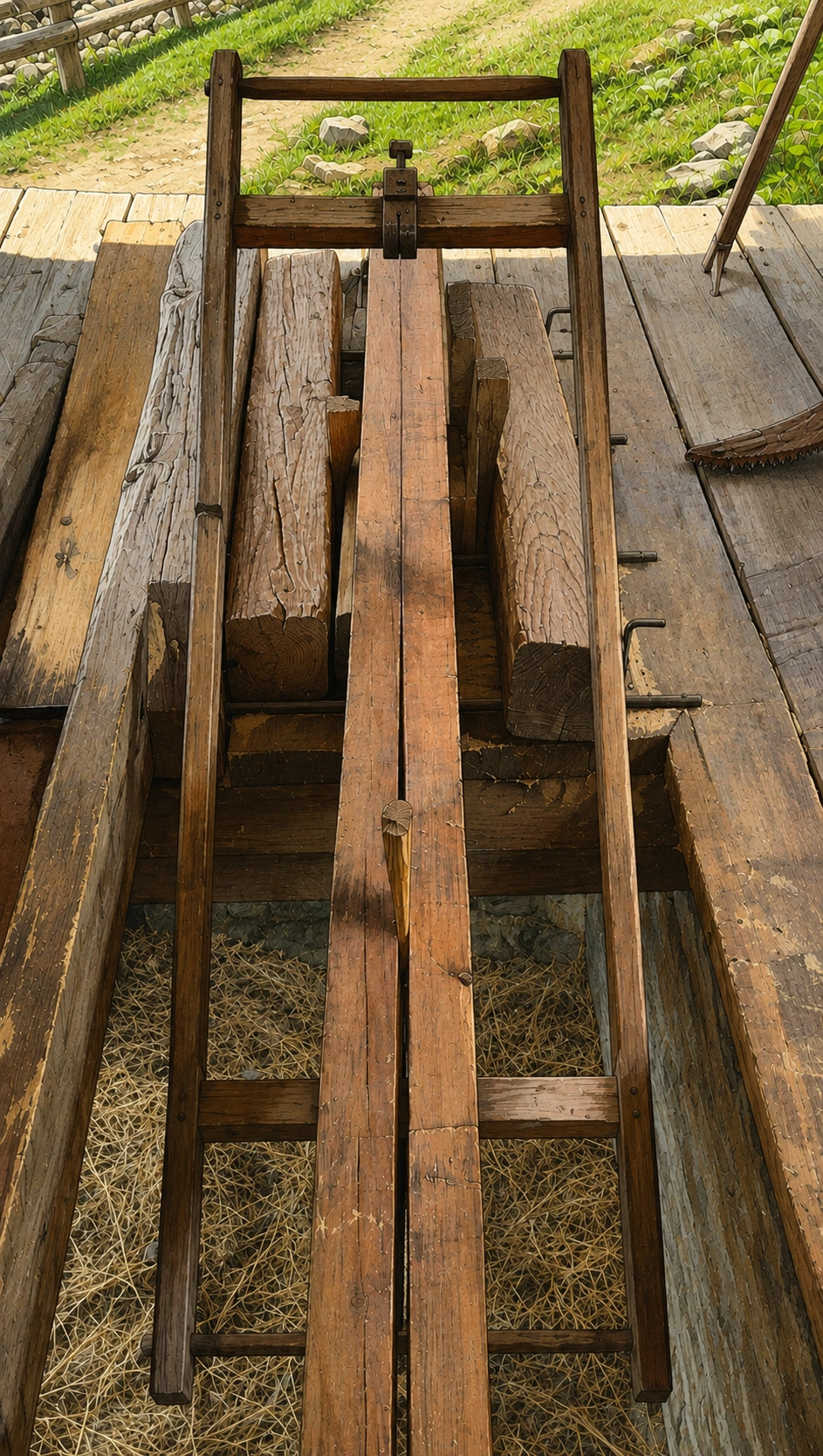 The timber is secured on a raised saw frame, allowing two workers to guide a long vertical saw through the wood.