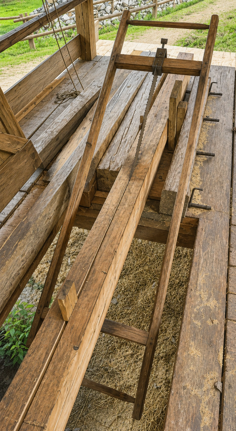Careful positioning ensures that each cut follows the marked line and produces a straight, usable beam.