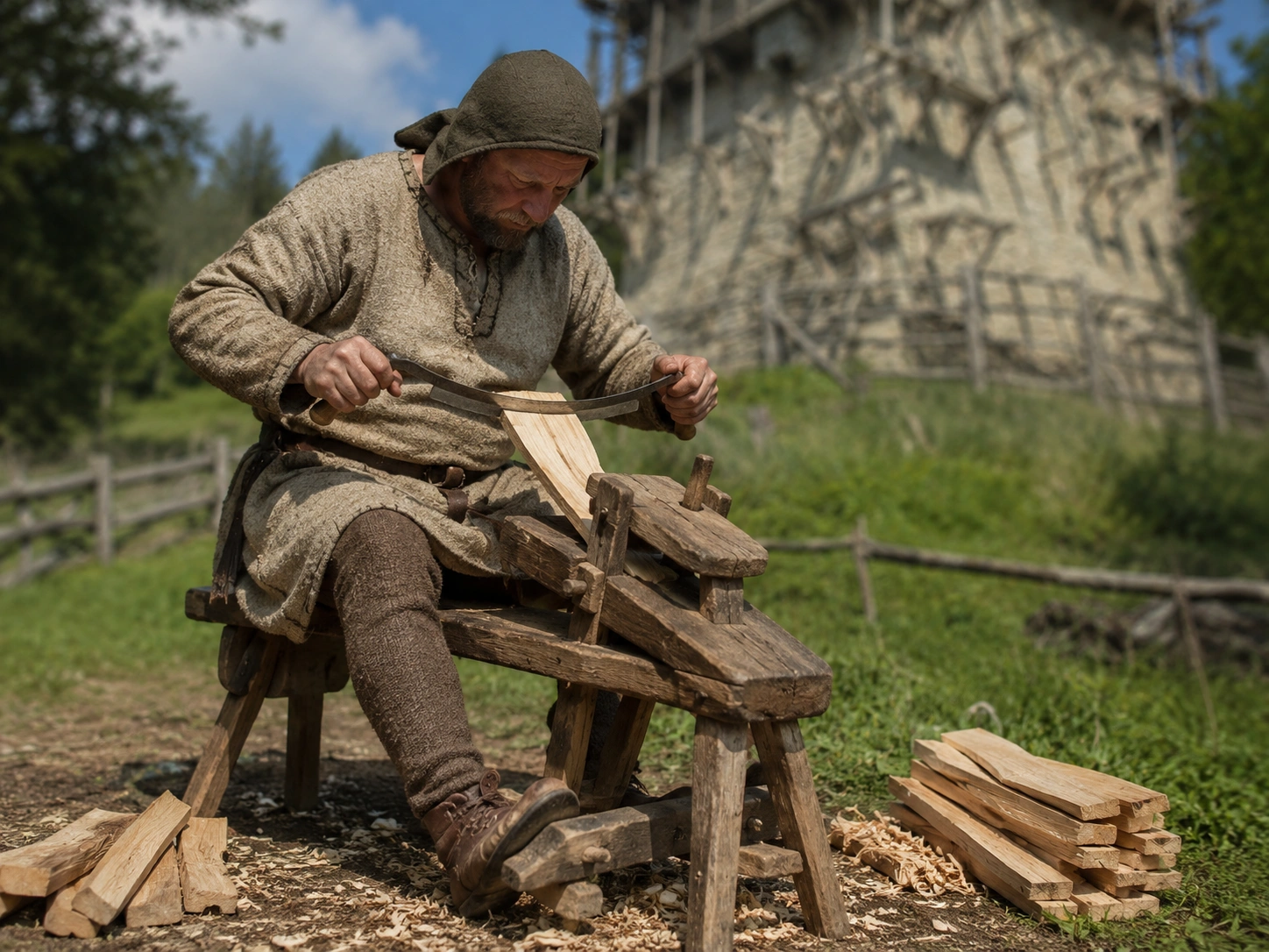 Medieval craftsman shaping shingles on a medieval shaving horse