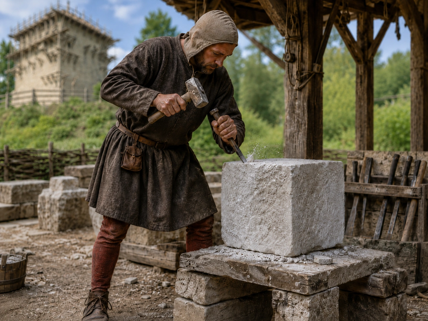 Medieval stonemason shaping a cuboidal stone with a chisel and mallet