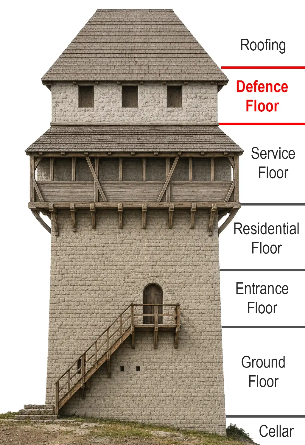 Interpretative illustration of the completed tower showing the north face and defence level.