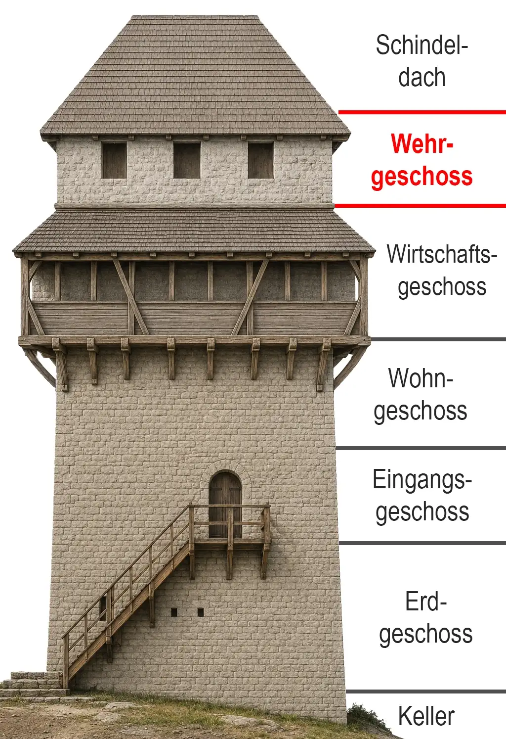 Künstlerische Darstellung des fertiggestellten Turms mit Nordansicht und Wehrgeschoß.
