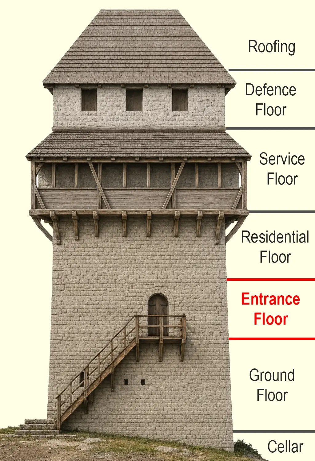 Interpretative illustration of the completed tower showing the north face and entrance level.