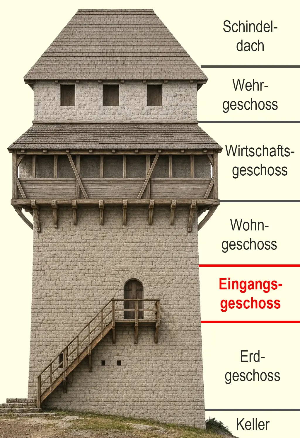 Künstlerische Darstellung des fertiggestellten Turms mit Nordansicht und Eingangsebene.