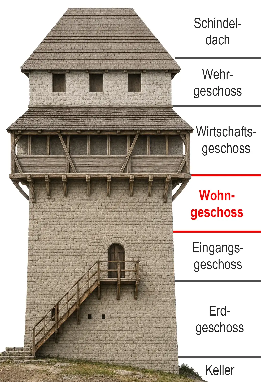 Künstlerische Darstellung des fertiggestellten Turms mit Nordansicht und Eingangsebene.