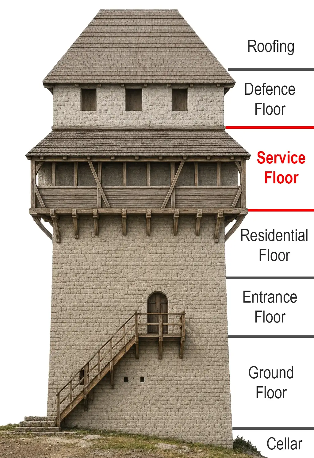Interpretative illustration of the completed tower showing the north face and service level.