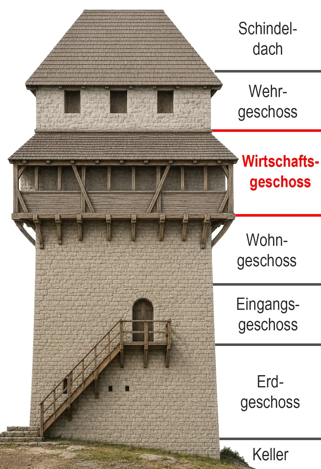 Künstlerische Darstellung des fertiggestellten Turms mit Nordansicht und Versorgungsgeschoß.