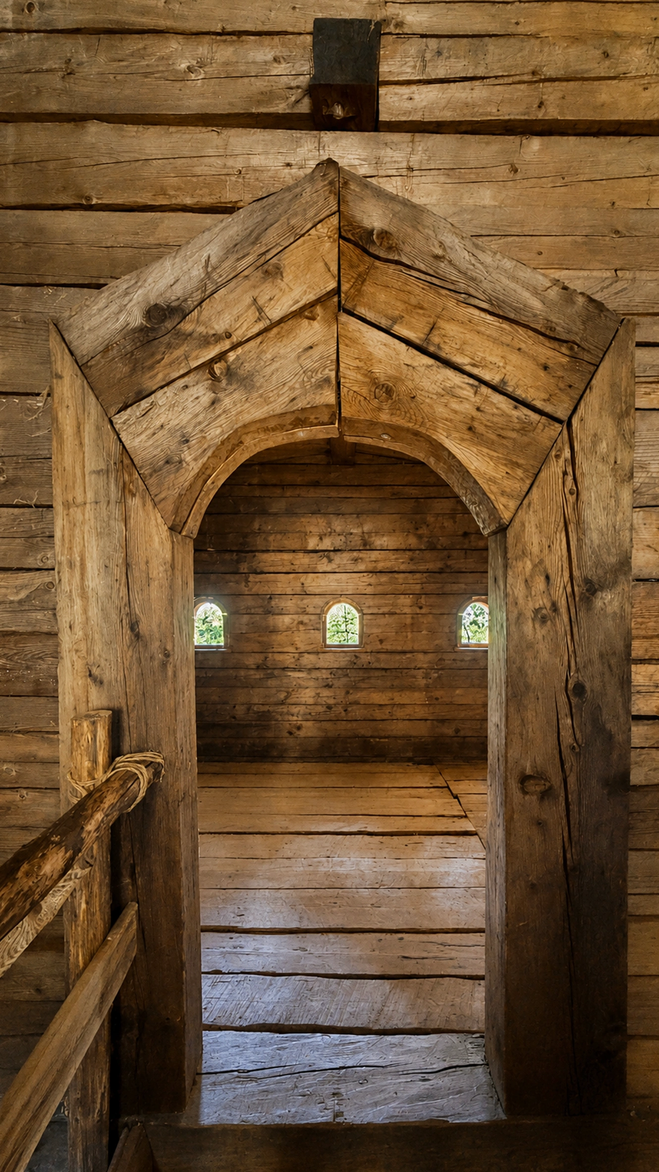 Holztürrahmen mit Blick in die Winterstube. Drei rundbogige Öffnungen in der Ostwand sind sichtbar.