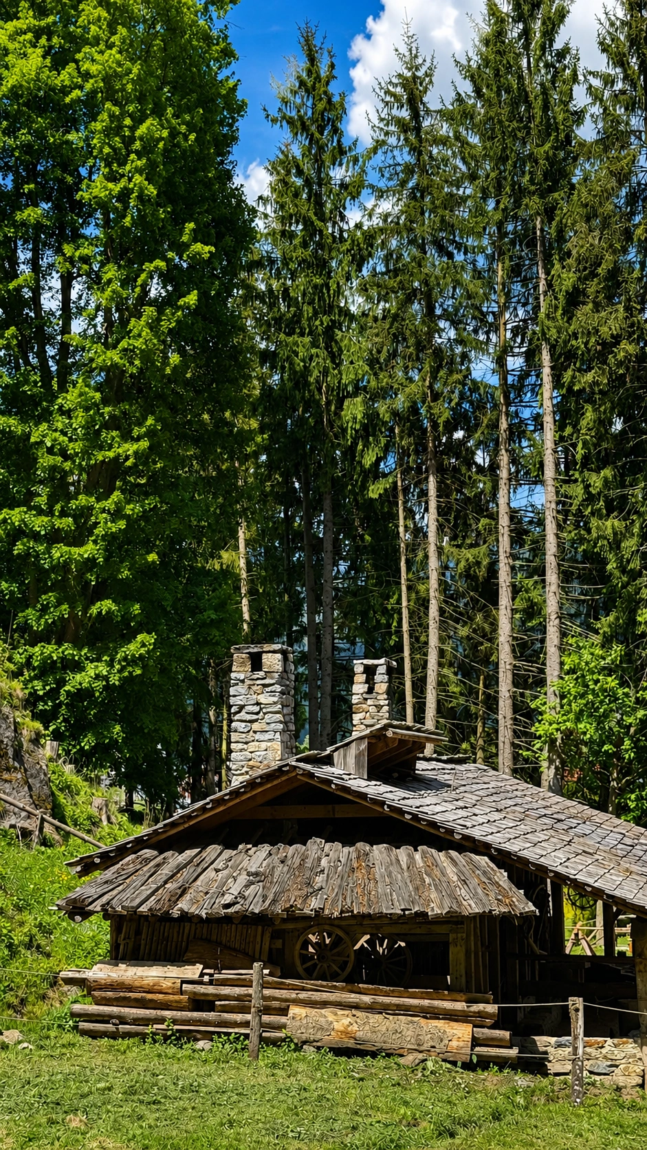Die rekonstruierte Schmiede weist traditionelle Holz- und Steinbauweise auf.