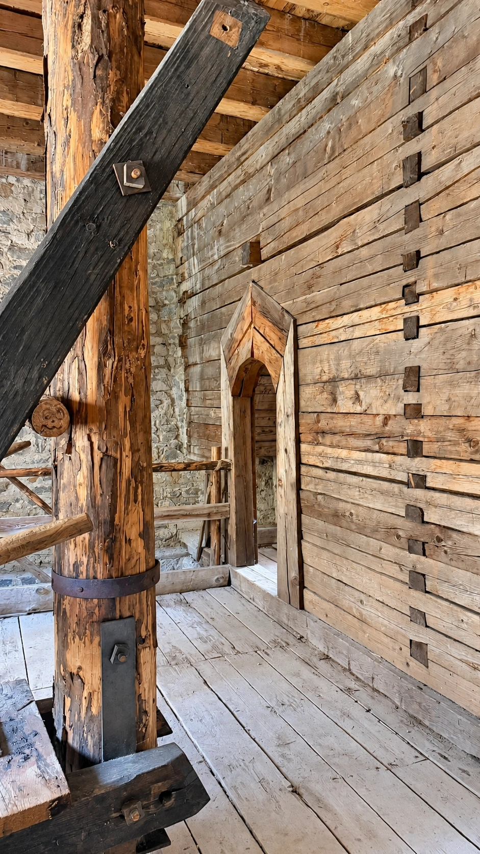 The timber block wall, viewed from the south-west corner of the summer room.
