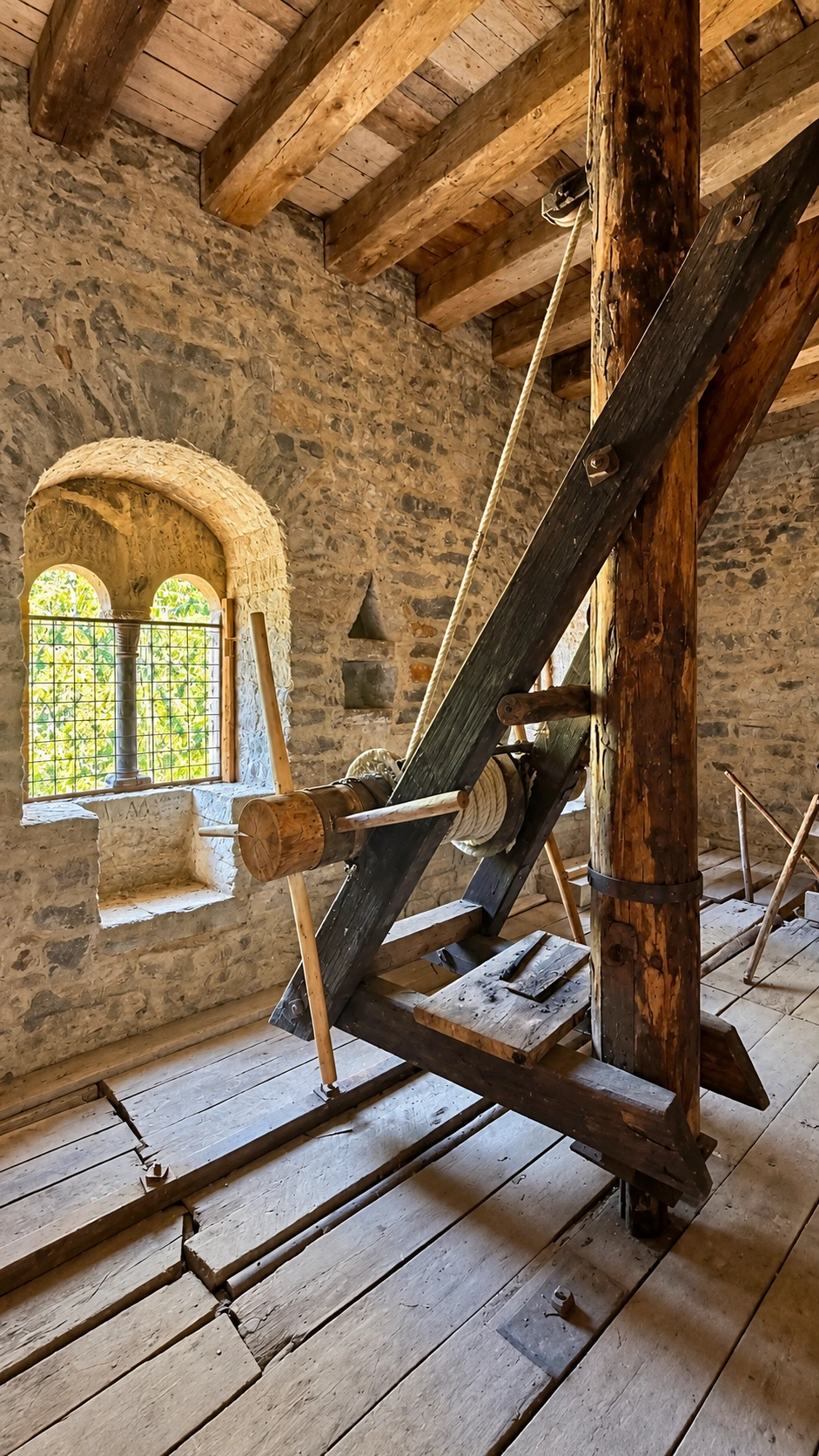 One of the biforate windows in the west wall of the tower.