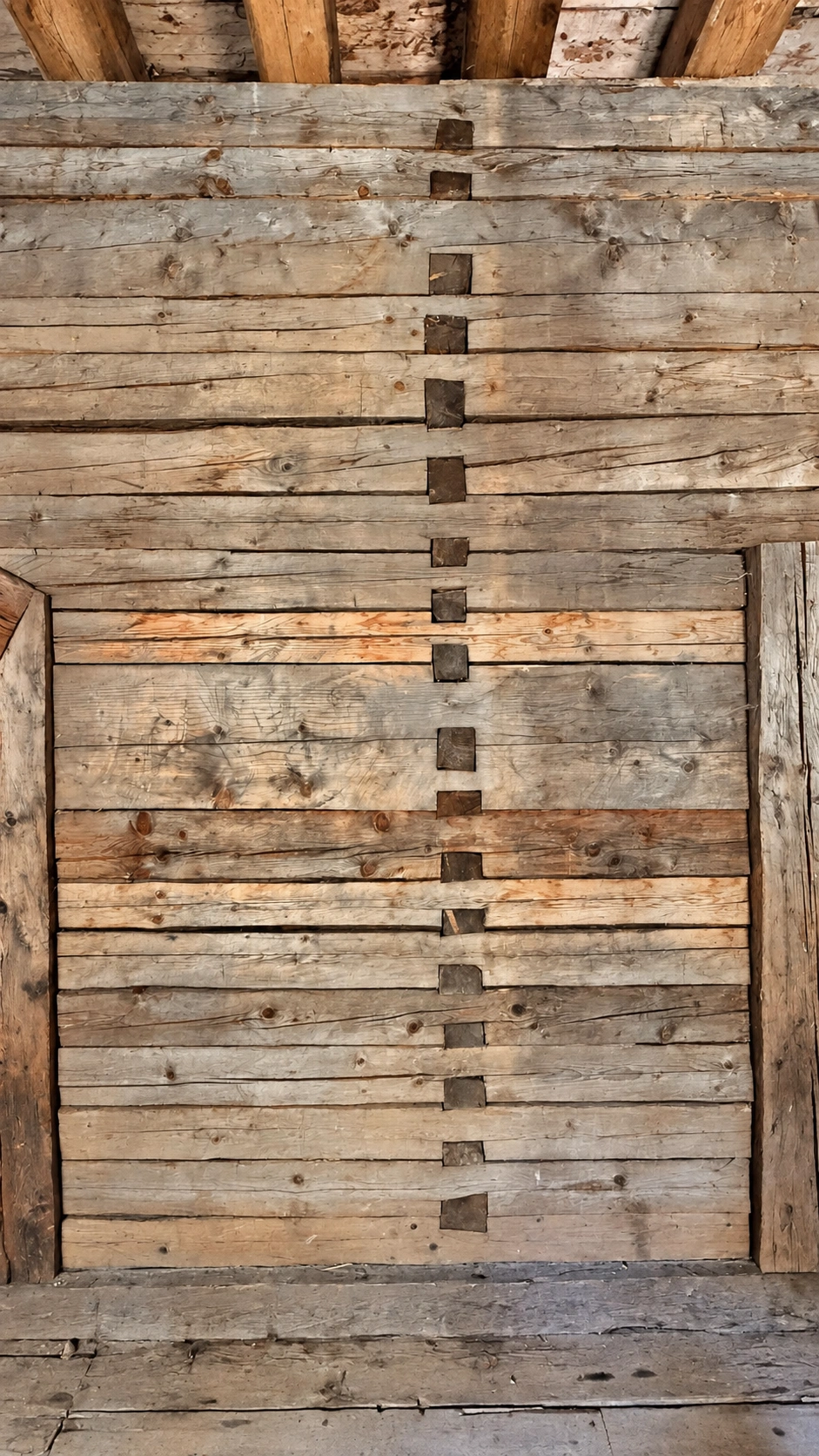 Mittlerer Abschnitt der Ständerbohlenwand bis zur Holzdecke der Sommerstube.