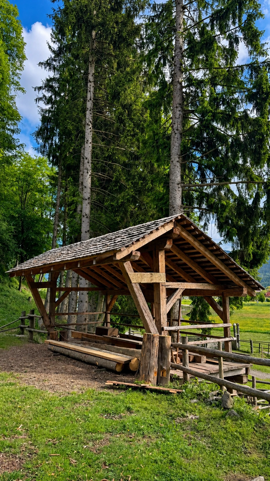 A view of the pit-saw shed in its landscape setting.