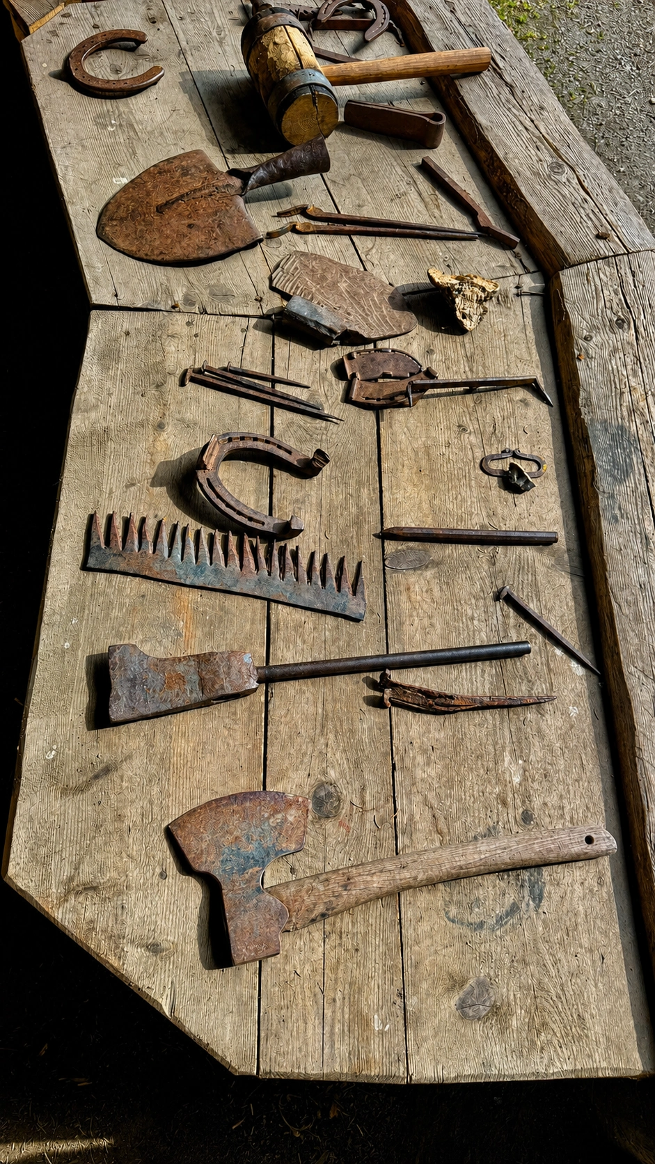 Forged tools and iron fittings support the wide range of work carried out by the blacksmith.