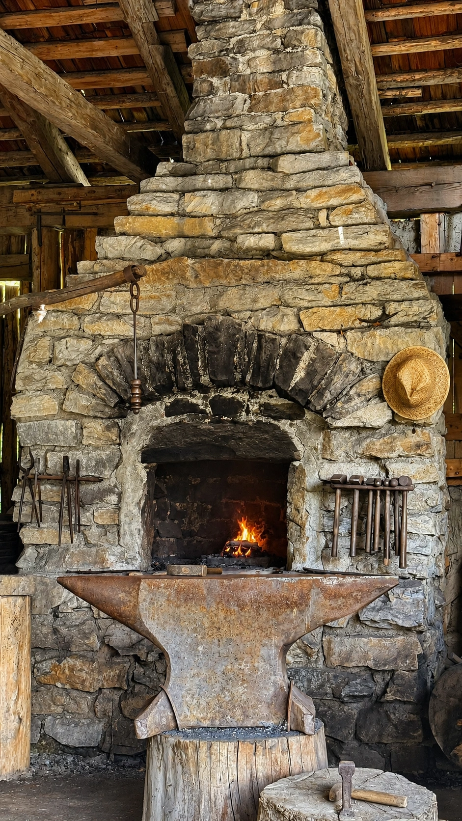 The anvil stands directly beside the forge for shaping heated iron.