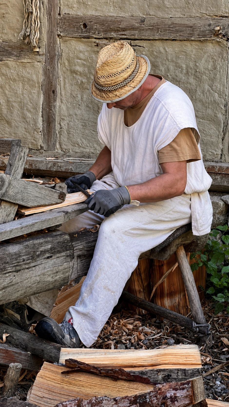 Ein Zimmermann bearbeitet Holz von Hand an einer traditionellen Werkbank.