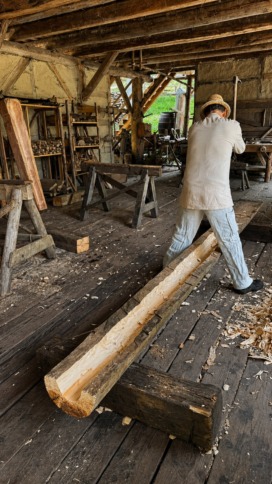 Ein Zimmermann höhlt das Holz mit traditionellen Handwerkzeugen aus.