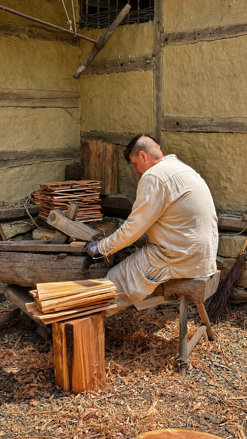 Ein Zimmermann spaltet Holzschindeln mit traditionellen Methoden.