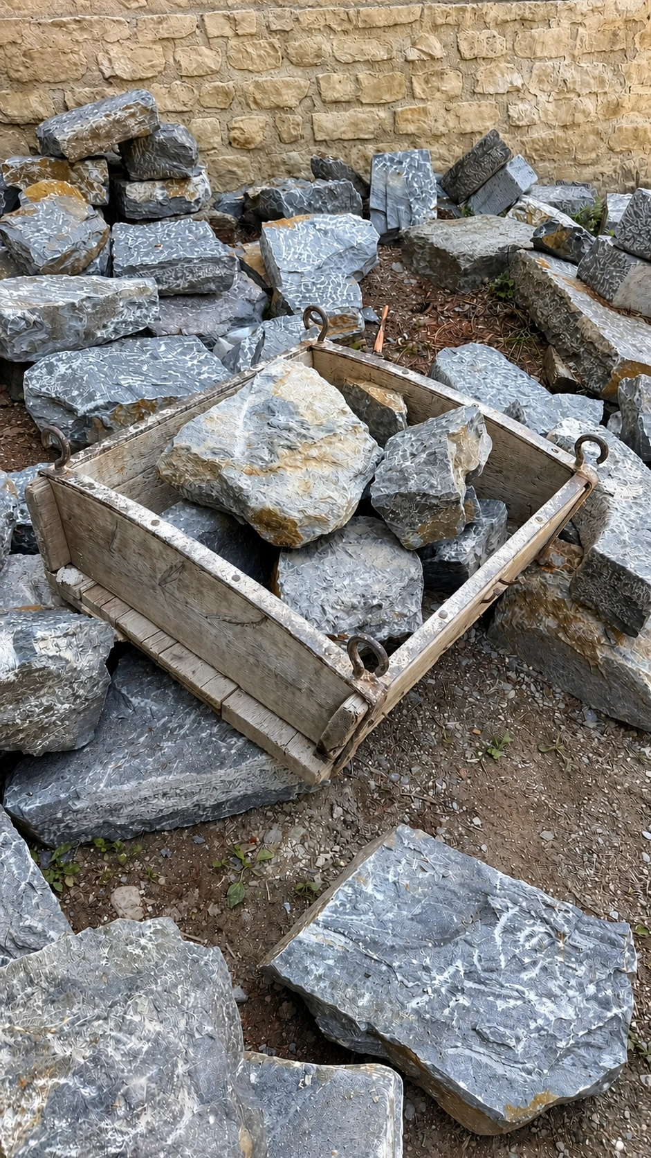 Wooden troughs were used for hoisting stones.