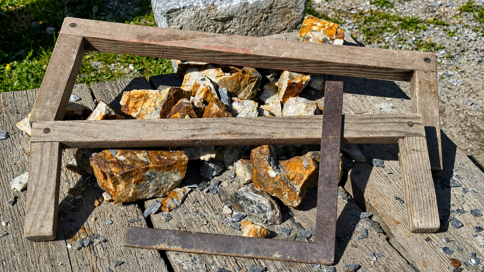Holzrahmen zum Sieben und Sortieren von Steinen