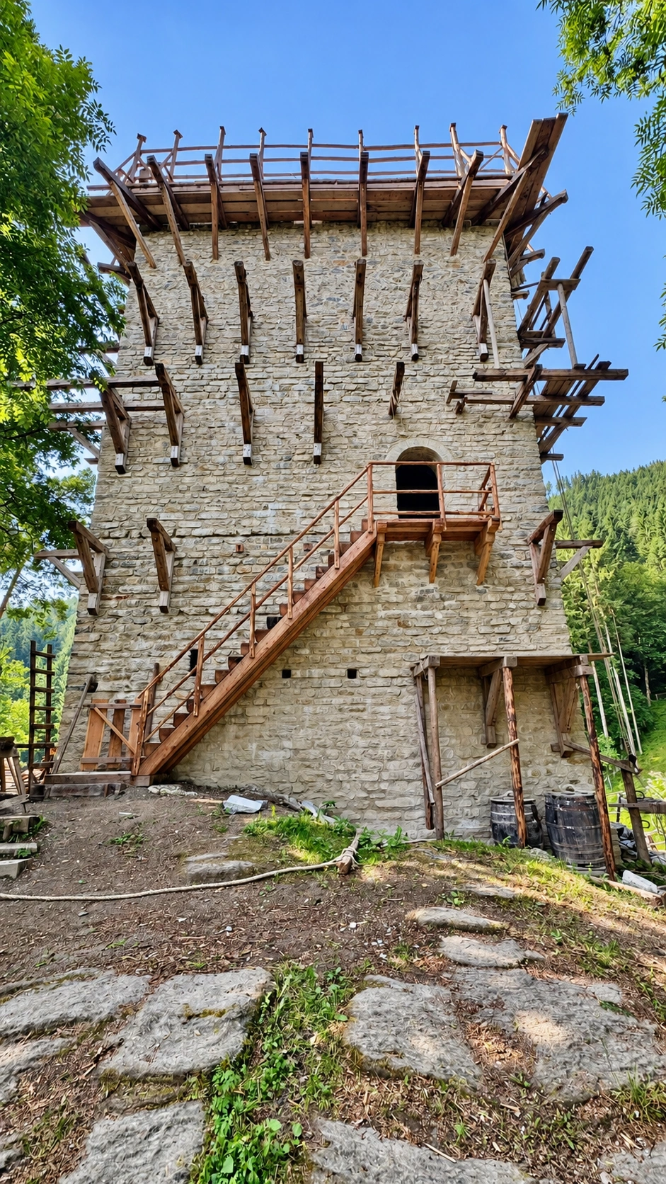 North-facing tower wall showing staircase leading to elevated entrance