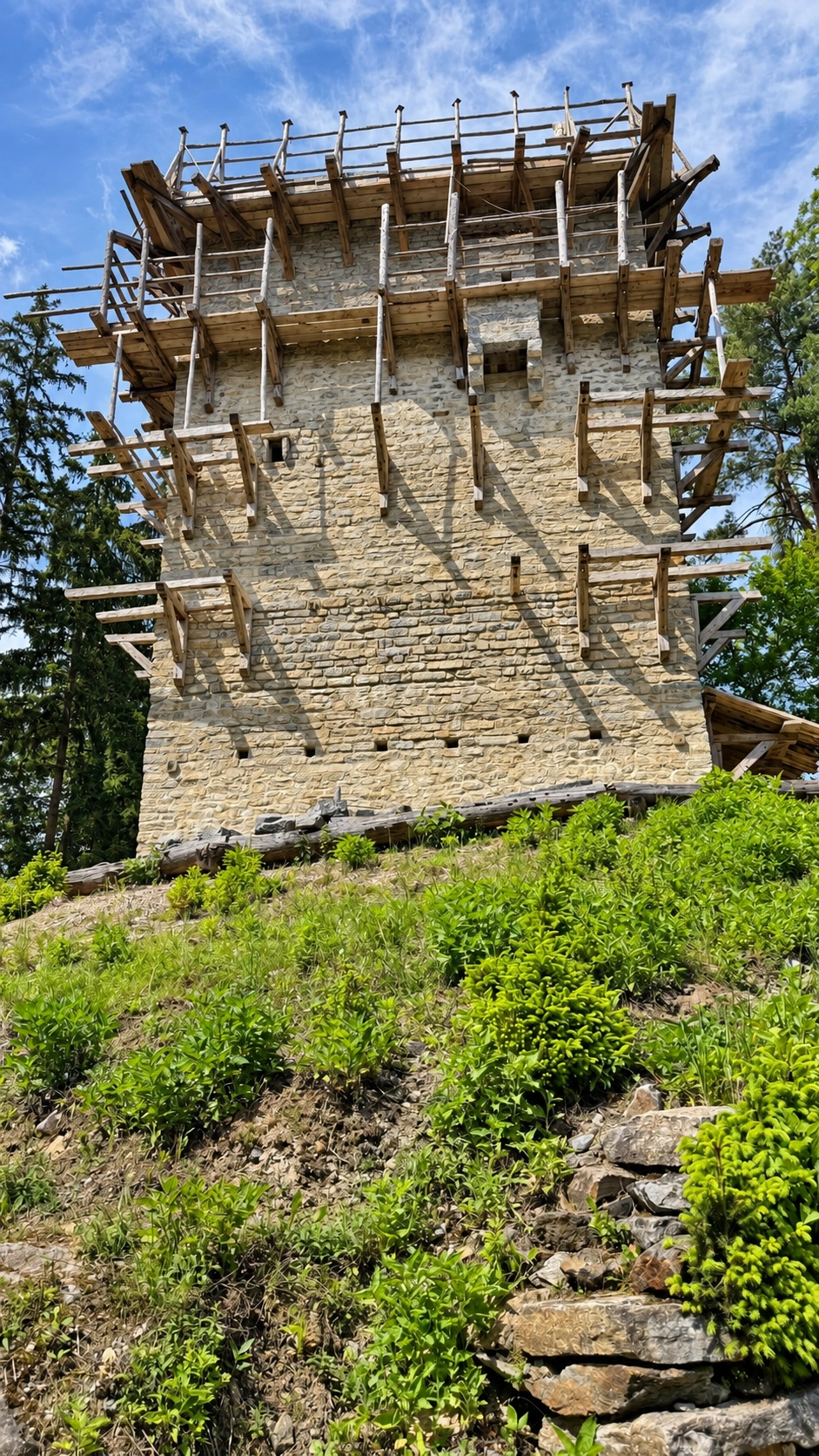Square openings in the masonry and projecting timbers mark the former wooden scaffolding.