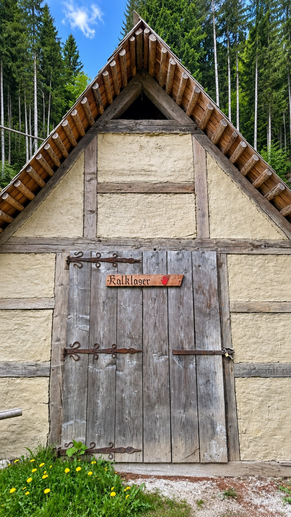 Frontalansicht: Tür und Fassade. Zu Beginn der Bausaison wird Branntkalk entnommen und in einer Kalkgrube gelöscht.