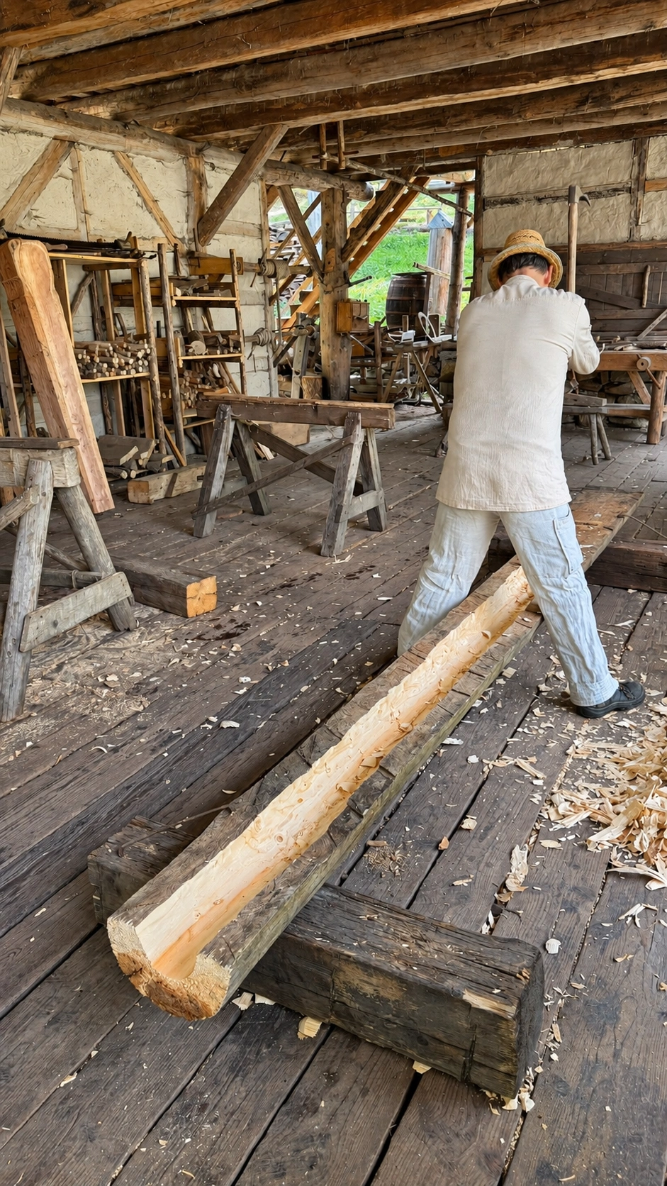 Carpenter crafting a wooden half pipe