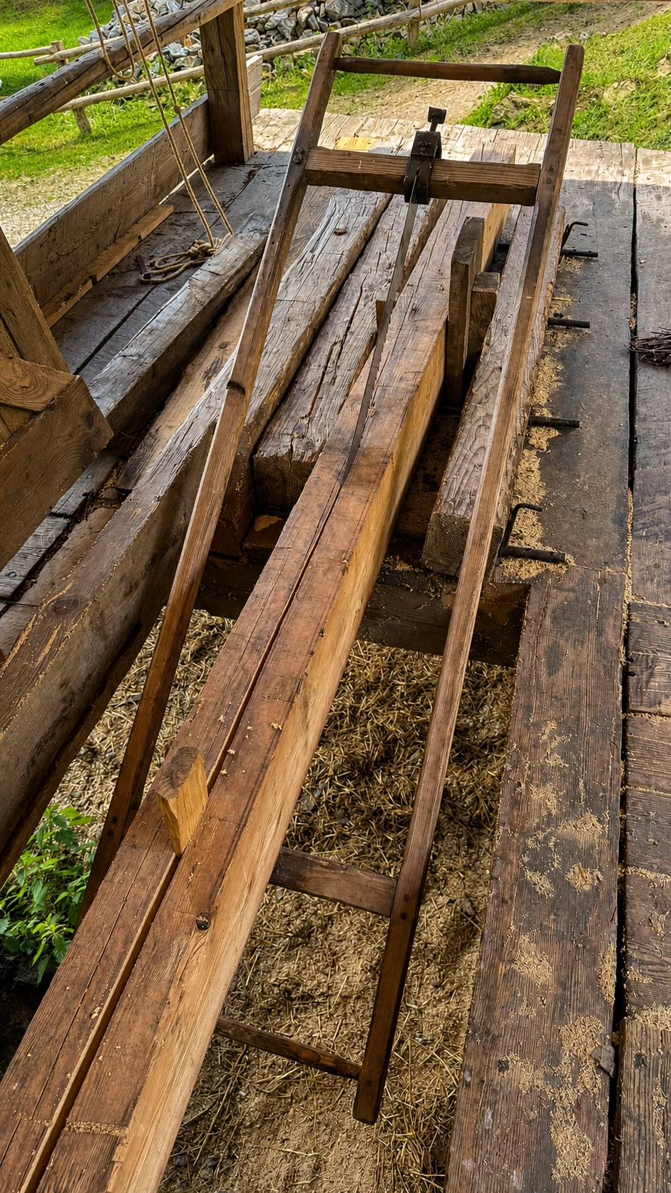 Careful positioning ensures that each cut follows the marked line and produces a straight, usable beam.