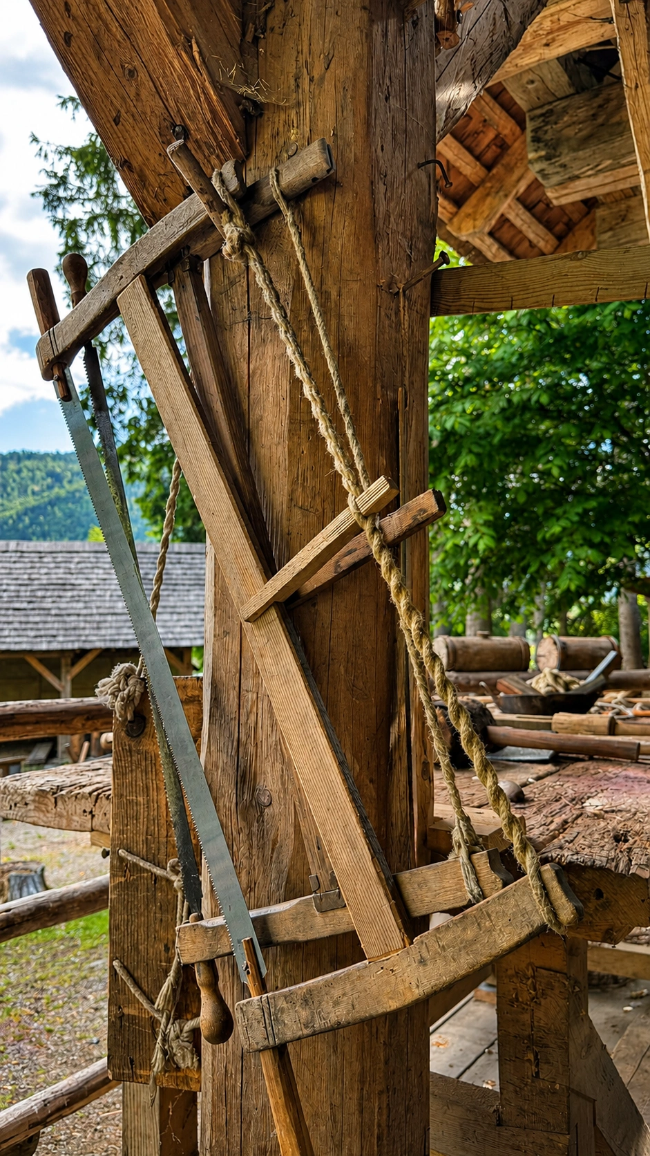 Handwerkzeuge hängen griffbereit in der Werkstatt des Zimmermanns.