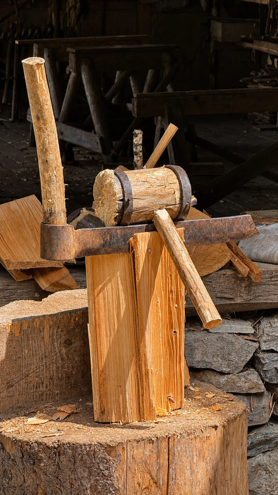 Ein spezielles Spaltwerkzeug spaltet dünne Holzstücke. Der Schnitt folgt dem natürlichen Faserverlauf.